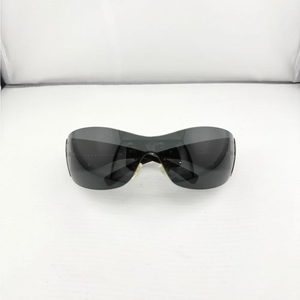 Prada Black Spr51g Shield Sunglasses with Silver Swirl Detail - Picture 5 of 13
